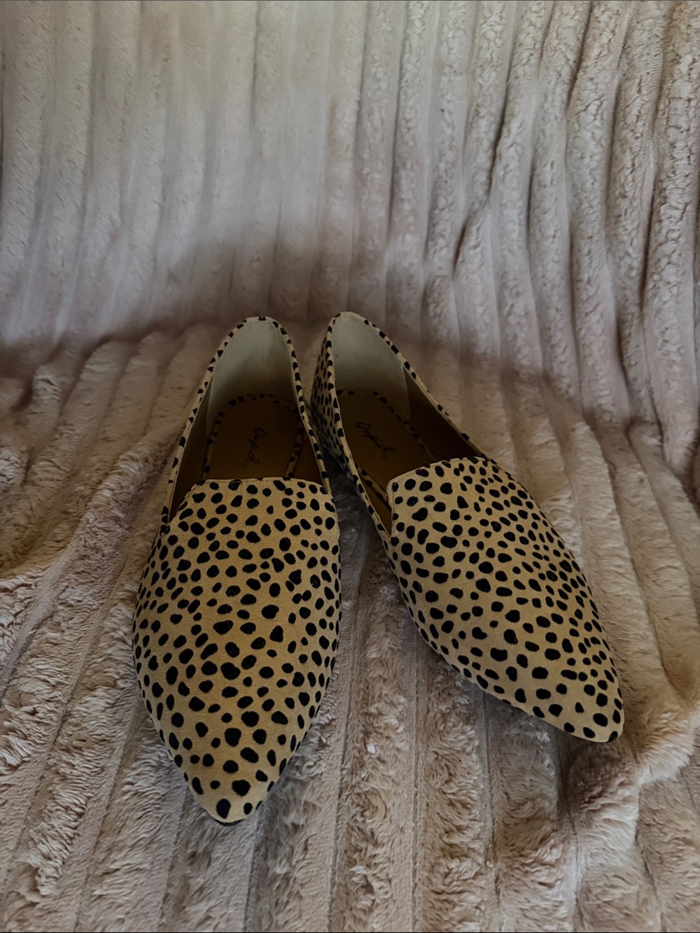 Qupid Beige and Black Spotted Pointed-Toe Slip-Ons